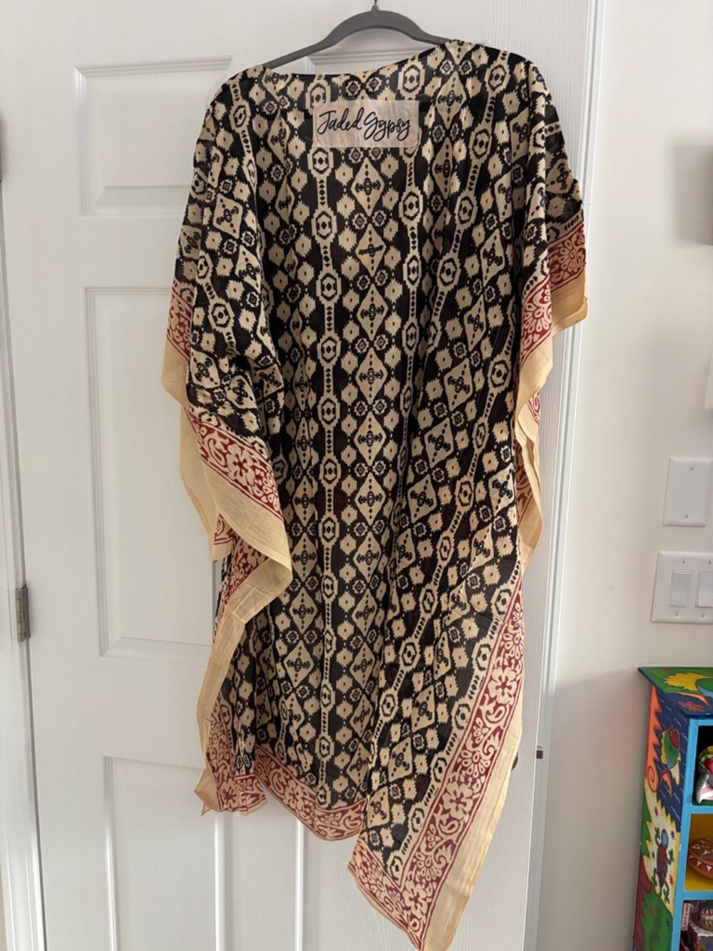 Black and Cream Printed Boho Kimono with Red Trim - Picture 6 of 6